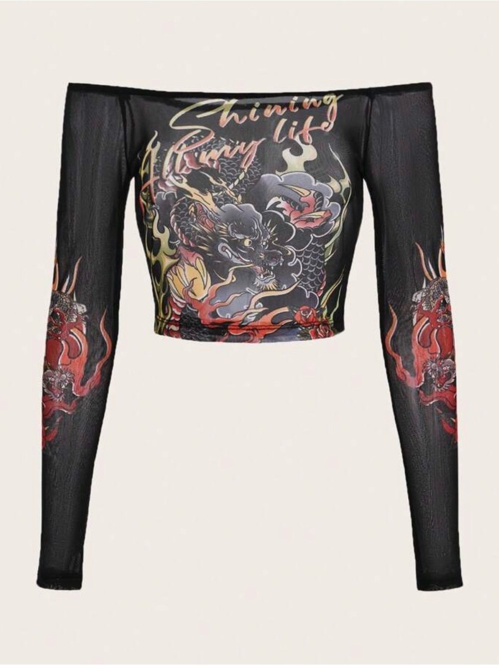 Off-Shoulder Black Dragon Print Mesh Crop Top